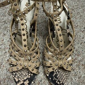 Sam Edelman Tan Studded T-Strap Heels with Snakeskin Accent